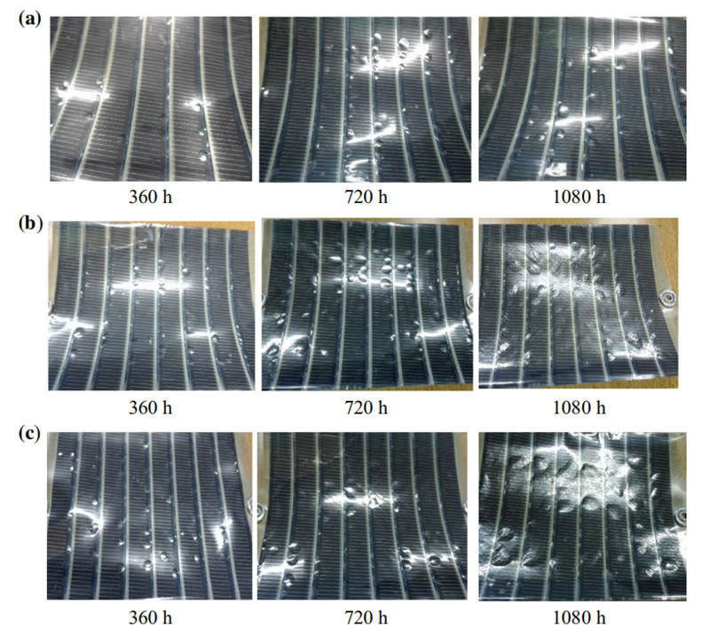 隨著在QUV紫外老化試驗箱中進(jìn)行老化測試時間的推移，OSCs產(chǎn)生氣泡狀和顏色發(fā)生變化