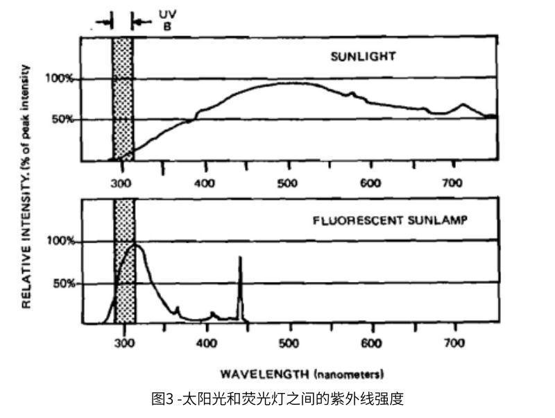 圖3太陽(yáng)光和熒光燈之間的紫外線強(qiáng)度