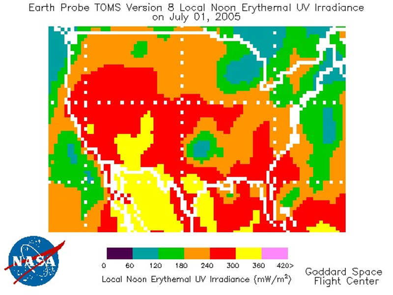 圖3顯示的是2005年7月美國上空一天的紅斑UV輻照度