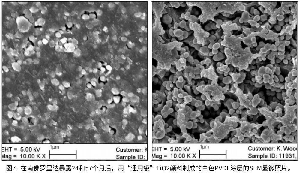 圖7.  在南佛羅里達(dá)暴露24和57個月后，用“通用級”TiO2顏料制成的白色PVDF涂層的SEM顯微照片