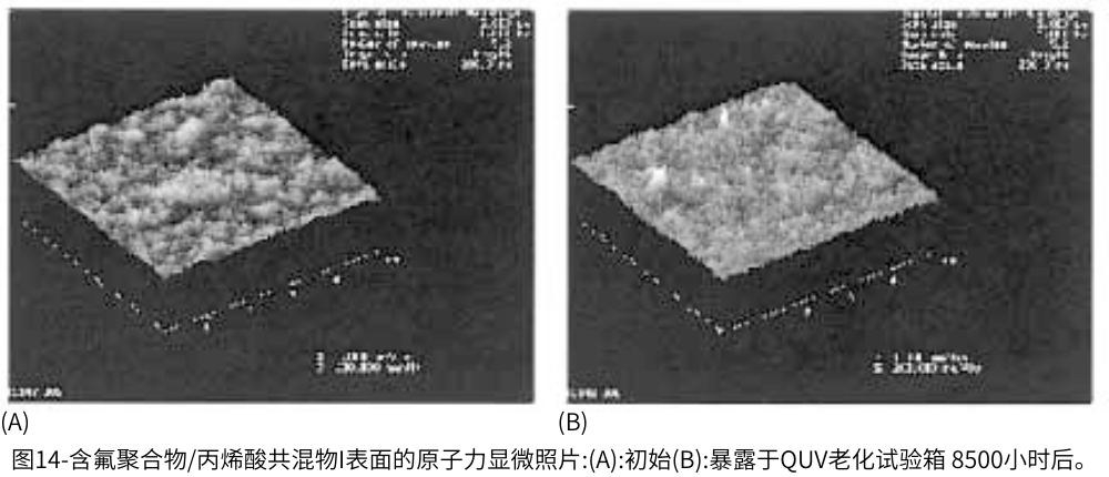 圖14-含氟聚合物/丙烯酸共混物I表面的原子力顯微照片:(A):初始(B):暴露于QUV紫外加速老化試驗機(jī)8500小時后的情況