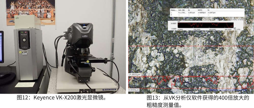 圖12為Keyence VK-X200激光顯微鏡；圖13為從VK分析儀軟件獲得的400倍放大的粗糙度測(cè)量值