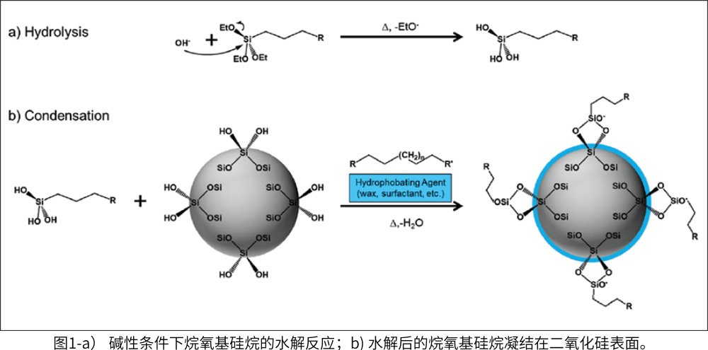 圖1-a） 堿性條件下烷氧基硅烷的水解反應(yīng)；b) 水解后的烷氧基硅烷凝結(jié)在二氧化硅表面