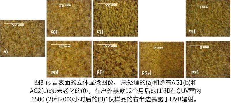 圖3-砂巖表面的立體顯微圖像。 未處理的(a)和涂有AG1(b)和AG2(c)的未老化的(0)，在戶外暴露12個(gè)月后的(1)和在QUV紫外老化測(cè)試箱內(nèi)1500 (2)和2000小時(shí)后的(3)僅樣品的右半邊暴露于UVB輻射。